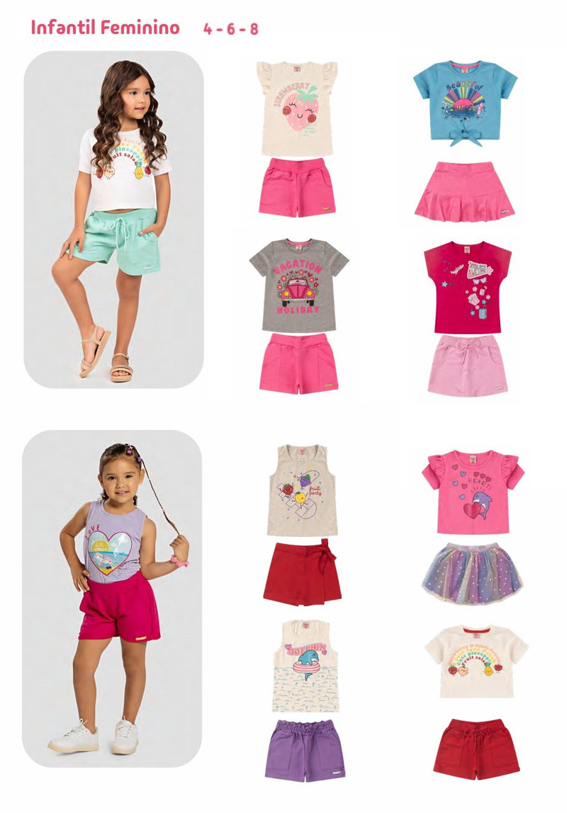 Kit 2 Conjuntos Premium de Verão Infantil Menina Cores Sortidas